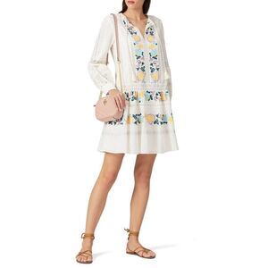 Tory Burch Mini Dress Women's XS White Blue Embroidered Boho Long Sleeve V-Neck